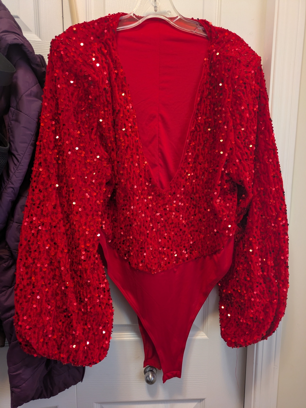 Red Sequin Long-Sleeve Plunge Bodysuit